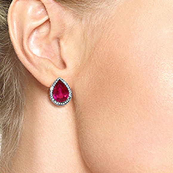 14K. SOLID GOLD FRENCH CLIPS EARRING WITH DIAMONDS & RUBIES (White Gold) - Picture 3 of 3